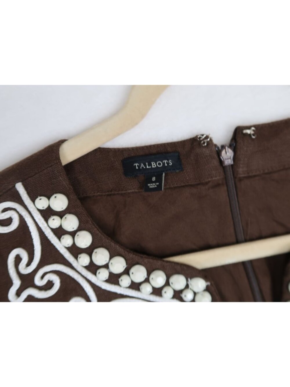 Talbots 8 Brown Embroidered Sheath Dress Sleeveless Linen - Picture 3 of 9